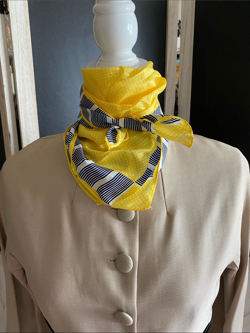 Glentex Vintage Silk Blend Yellow, polka dots and striped scarf